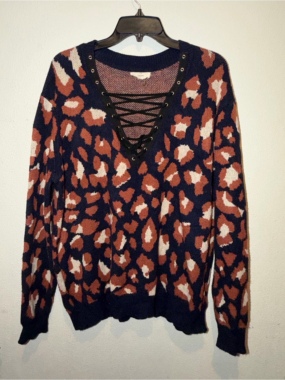 entro Lace-Up V-Neck Animal Print Sweater in Navy, Rust & Cream